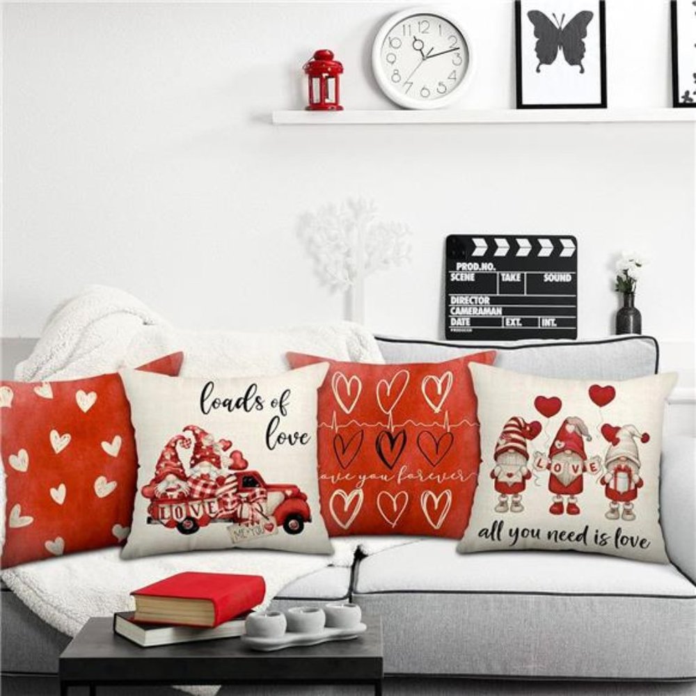 4 Pcs Valentine's Day Pillow Cover Watercolor Red 18x18 Inches